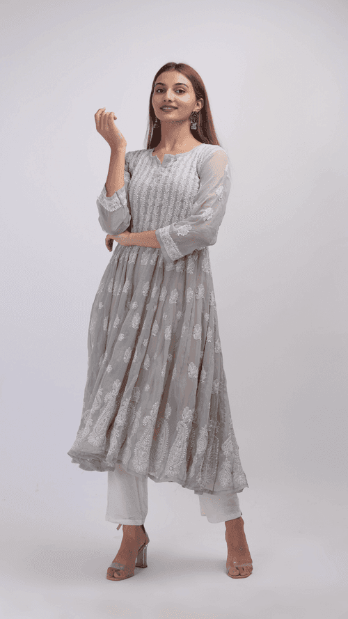 Grey Chikankari Anarkali kurti