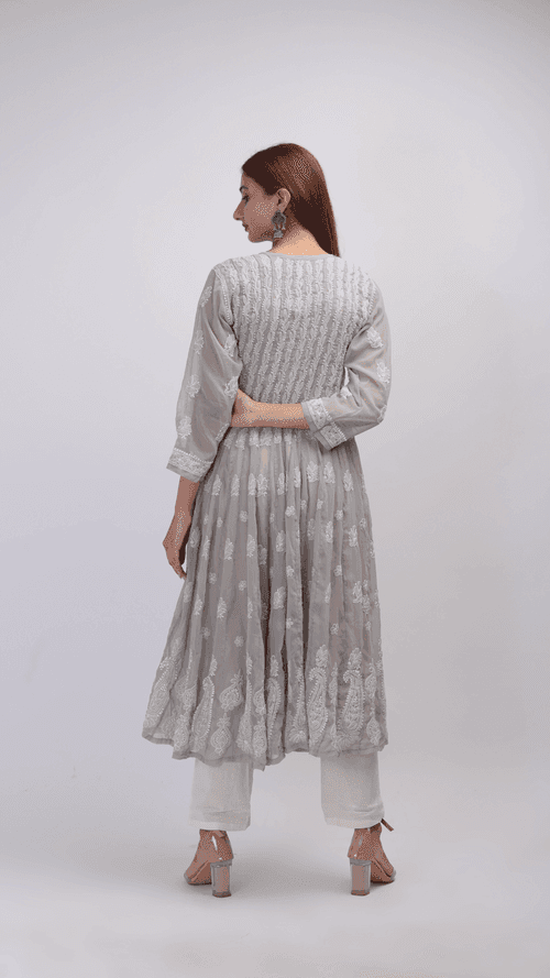 Grey Chikankari Anarkali kurti