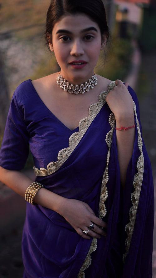 Pearl Embellished Violet Saree