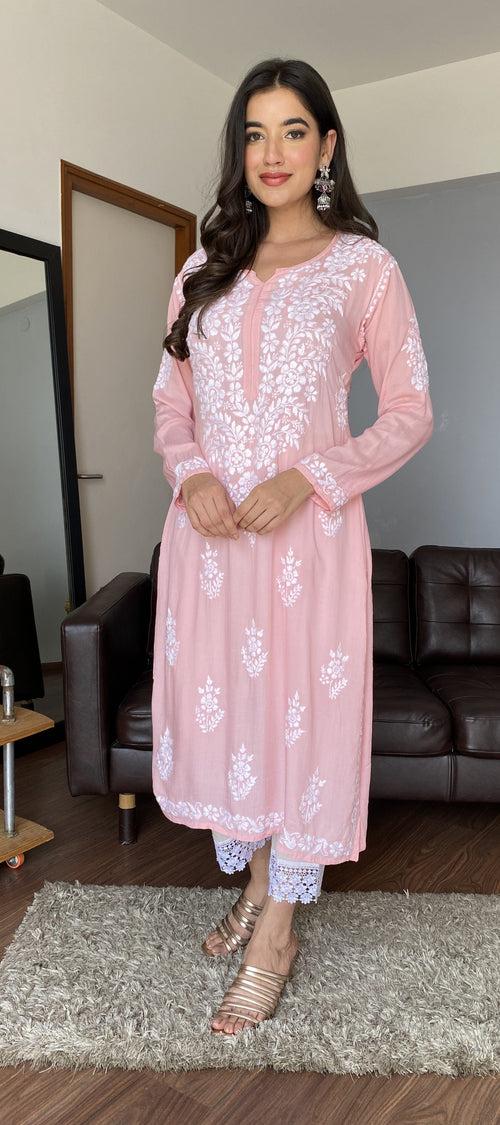 Straight Fit Peach Chikankari Kurti