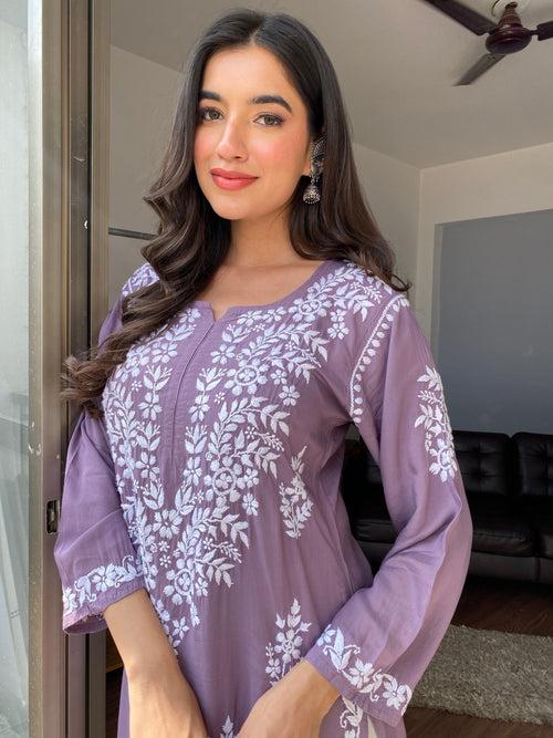 Straight Fit Violet Chikankari Kurti