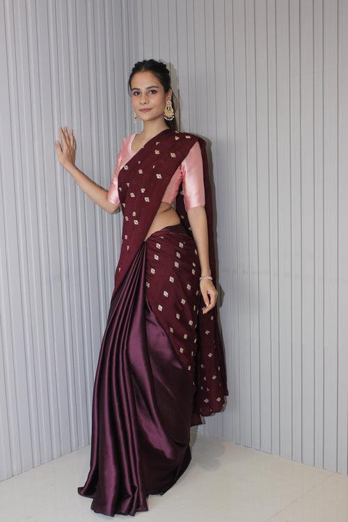 Burgundy Half & Half Chinnon & Satin Saree