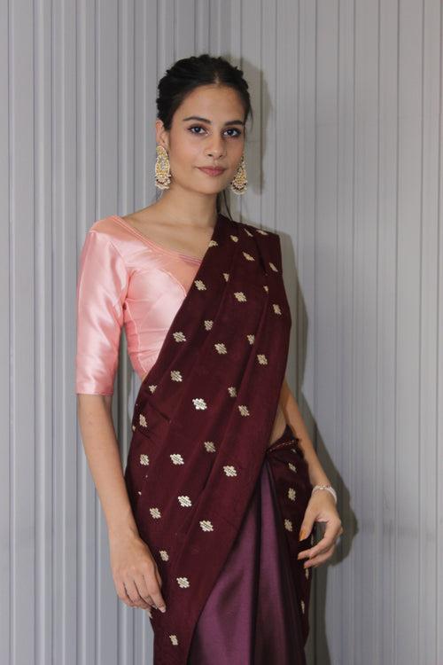 Burgundy Half & Half Chinnon & Satin Saree