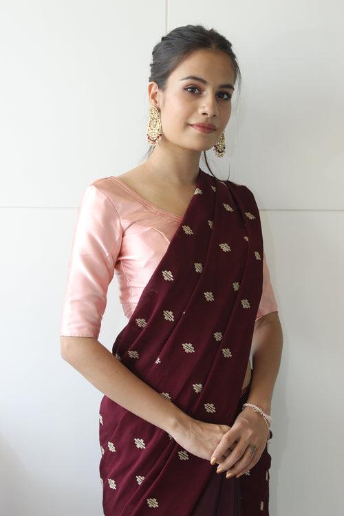 Burgundy Half & Half Chinnon & Satin Saree