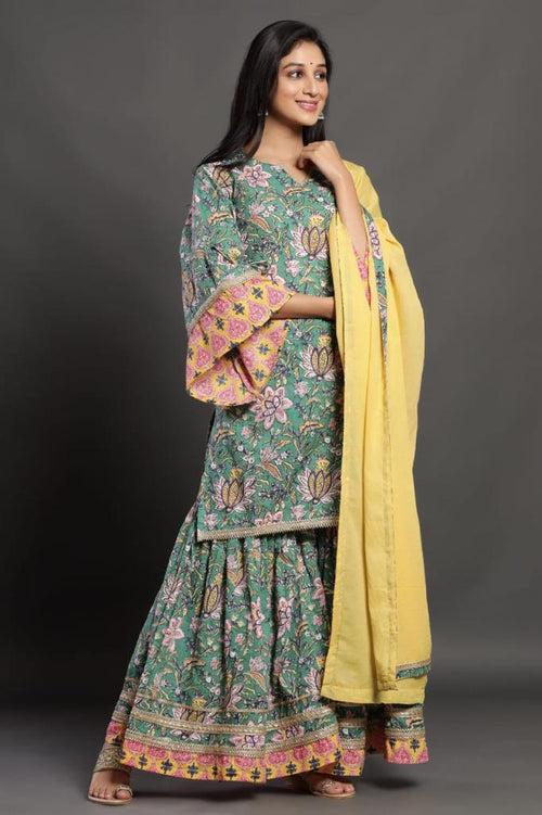 Green Handblock Gharara Set