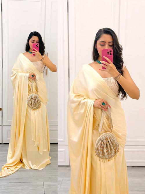 Pre-draped Light Golden  Satin Saree