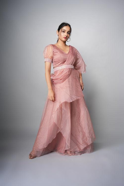 Raaya Pre draped Pink Ruffle Saree