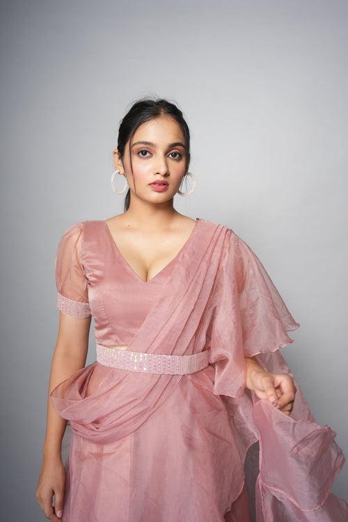 Raaya Pre draped Pink Ruffle Saree