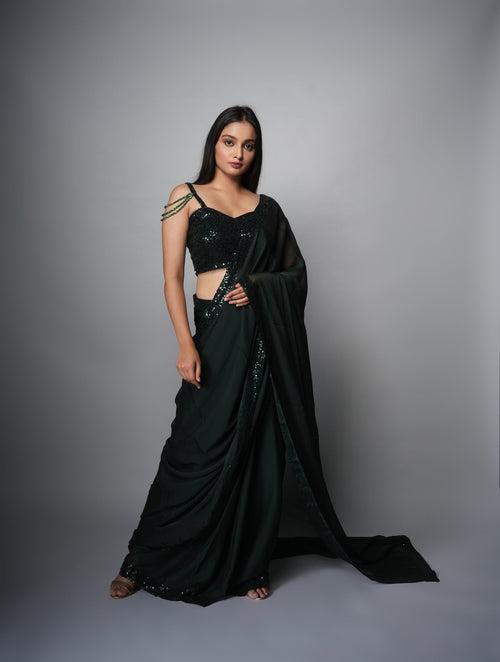 Bottle Green Sequinned Georgette saree