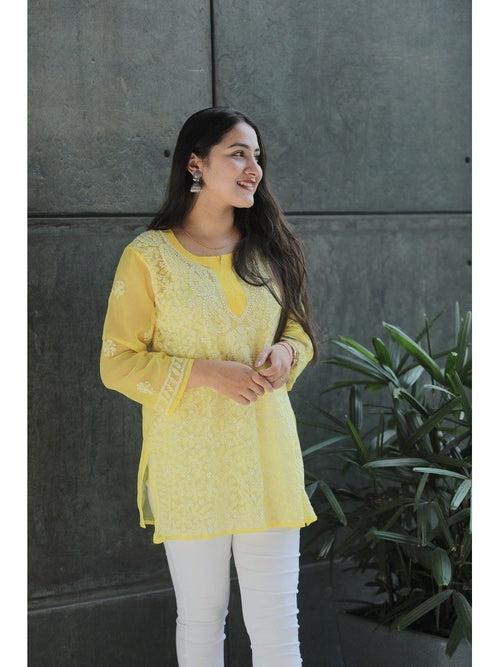 Light Yellow Short Chikankari Kurti