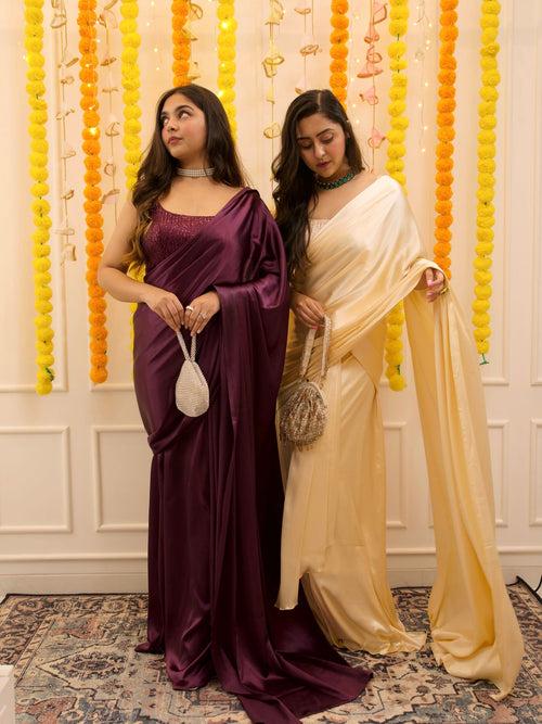 Pre-draped Plum Satin Saree