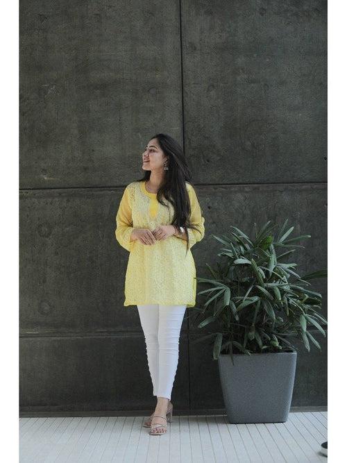 Light Yellow Short Chikankari Kurti