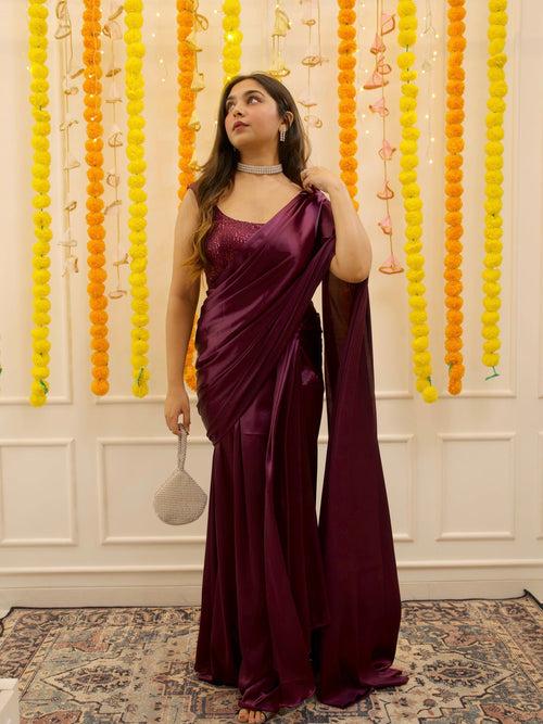 Pre-draped Plum Satin Saree