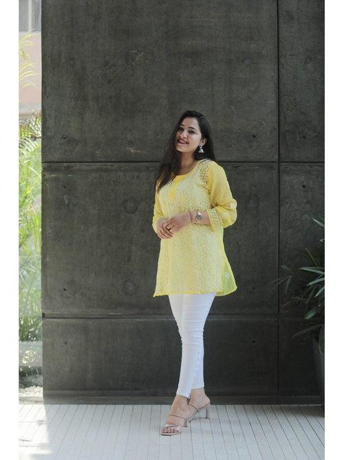 Light Yellow Short Chikankari Kurti