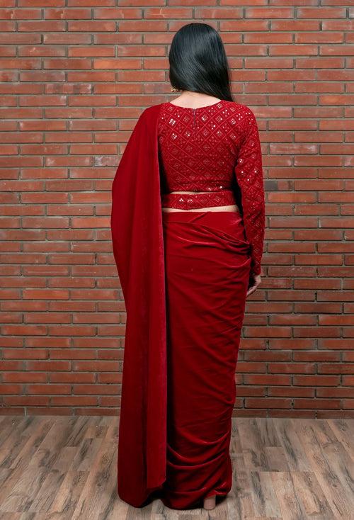 Raga  Red Velvet Saree