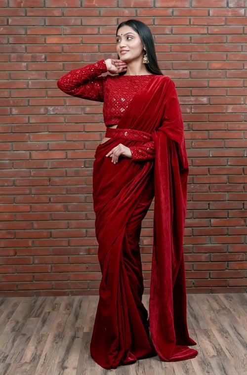 Raga  Red Velvet Saree