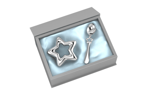 Silver Plated Gift Set for Baby - Hamper with Star Rattle and Spoon