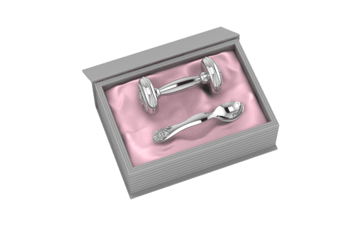 Silver Plated Gift Set for Baby - Hamper with Teddy Dumbbell Rattle and Teddy Spoon