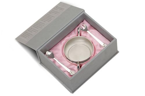 Silver Feeding Gift Set for Baby and Child - Hamper with Elephant Handle Bowl/Porringer and Elephant Spoon and Fork set