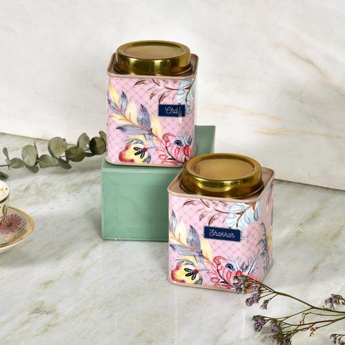 Elan Gingham & Blooms Air-Tight Stainless Steel Cha Shakkar Square Container, Set of 2 (Printed, Dusty Pink, 500ml)