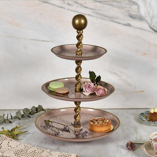 Elan Panthera Embossed 3 Tier Round Mild Steel Cake Stand (Dusty Rose)