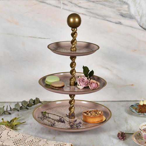 Elan Panthera Embossed 3 Tier Round Mild Steel Cake Stand (Dusty Rose)