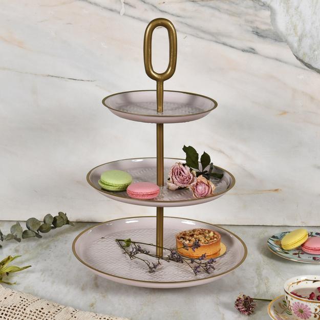 Elan Wicker Embossed 3 Tier Round Mild Steel Cake Stand(Petal Pink)