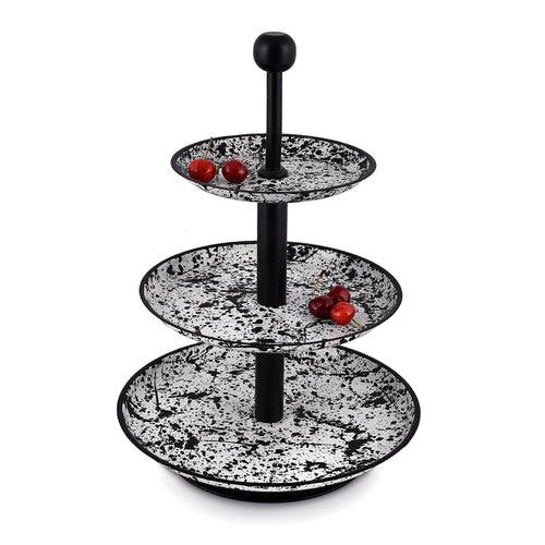 Elan Splatterful Collection, Knob 3 Tier Round Mild Steel Cake Stand (Black & White)