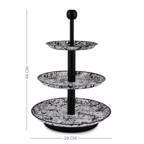 Elan Splatterful Collection, Knob 3 Tier Round Mild Steel Cake Stand (Black & White)