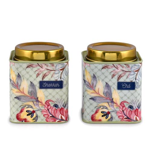 Elan Gingham & Blooms Air-Tight Stainless Steel Cha Shakkar Square Container, Set of 2 (Printed fern Green, 500ml)