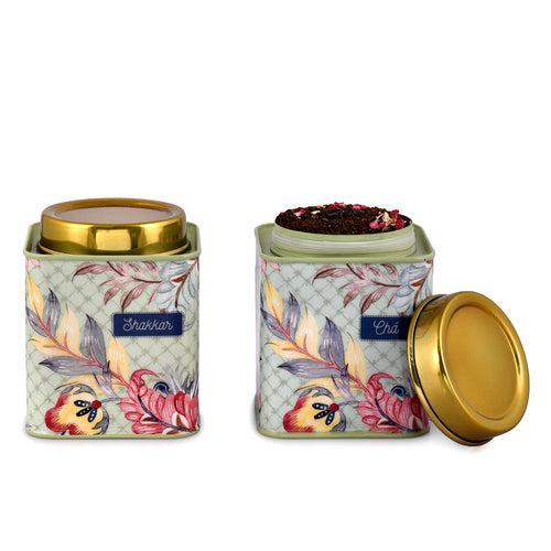 Elan Gingham & Blooms Air-Tight Stainless Steel Cha Shakkar Square Container, Set of 2 (Printed fern Green, 500ml)