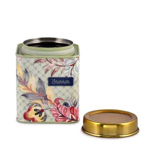 Elan Gingham & Blooms Air-Tight Stainless Steel Cha Shakkar Square Container, Set of 2 (Printed fern Green, 500ml)