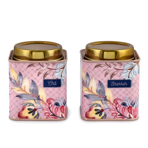 Elan Gingham & Blooms Air-Tight Stainless Steel Cha Shakkar Square Container, Set of 2 (Printed, Dusty Pink, 500ml)