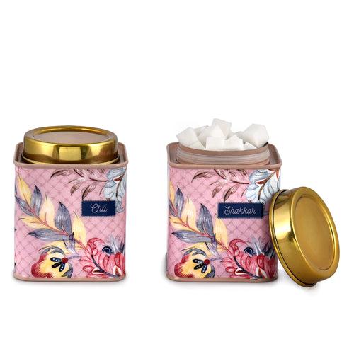 Elan Gingham & Blooms Air-Tight Stainless Steel Cha Shakkar Square Container, Set of 2 (Printed, Dusty Pink, 500ml)