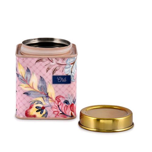 Elan Gingham & Blooms Air-Tight Stainless Steel Cha Shakkar Square Container, Set of 2 (Printed, Dusty Pink, 500ml)