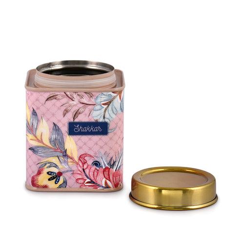 Elan Gingham & Blooms Air-Tight Stainless Steel Cha Shakkar Square Container, Set of 2 (Printed, Dusty Pink, 500ml)