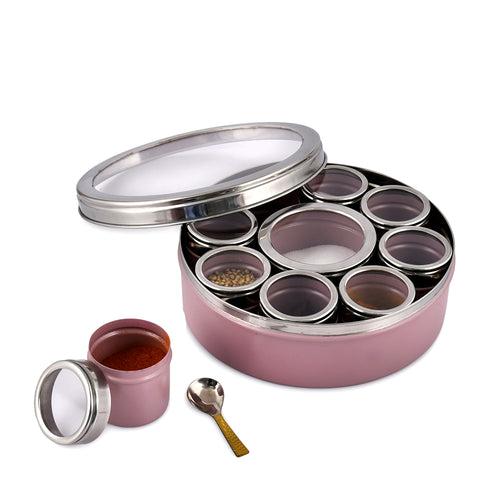 Elan Air-Tight Stainless Steel Spice Box (9 Compartment With Lids, Mauve)