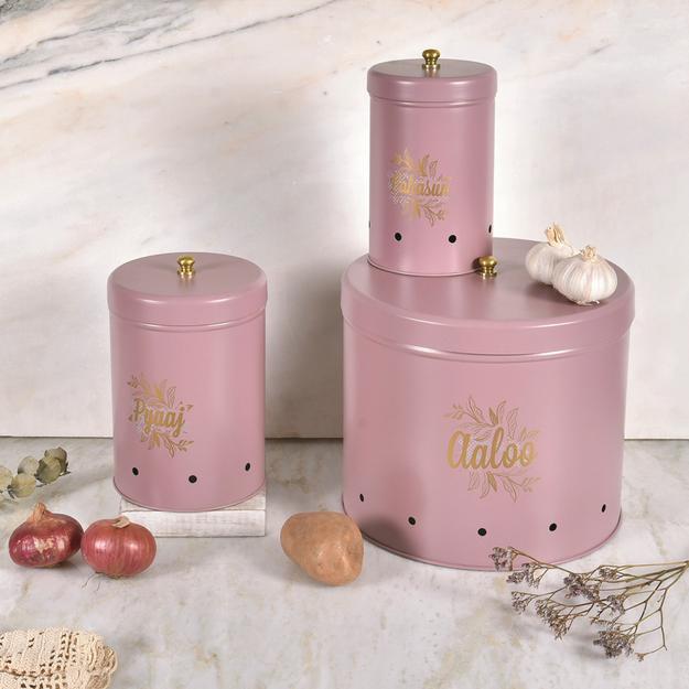 ELAN Country Onion Potato Garlic Storage Container For Kitchen, Set Of 3 (Mild Steel, Mauve)