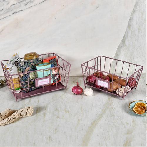 ELAN LOFT Metal Rectangle Bin,  Baskets for Vegetables and Fruits   (Set of 2, Mauve)