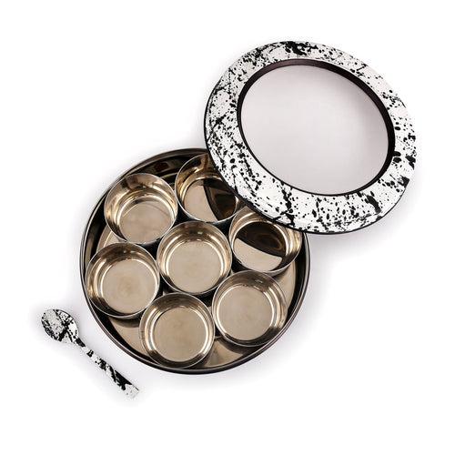 ELAN Splatterful Collection 7 Compartment Spice Box with Spoon (Black & White, 1500 ml)