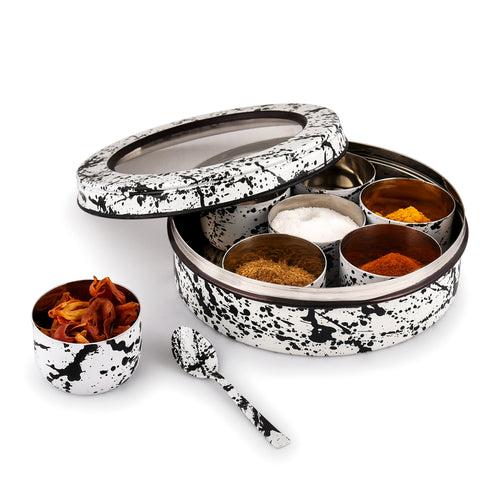 ELAN Splatterful Collection 7 Compartment Spice Box with Spoon (Black & White, 1500 ml)