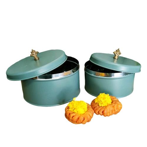 Elan Stainless Steel  Kitchen Round Storage  Box, Containers for Snacks, Gift boxes with Fluer Knobs  (Set of 2, Moss Green)