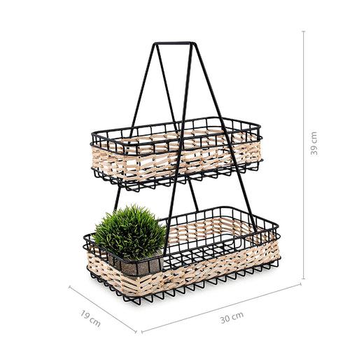 Elan Cassia Natural Rattan Two Tier Stand, Fruit and Vegetable Stand,  Storage Organizer (Black)