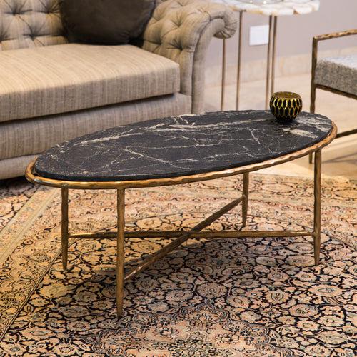 Elan Amadeus Oval Marble Table (Black Marble, Antique Gold Finish)