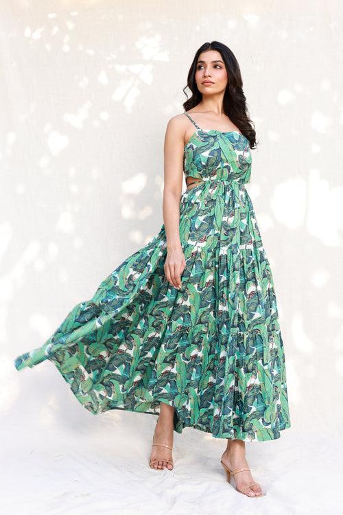 Banana leaf print green waist cut maxi dress