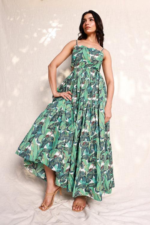 Banana leaf print green waist cut maxi dress