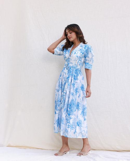 Flamingo blue printed midi dress