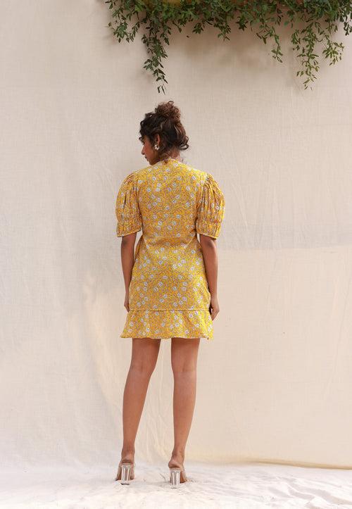 Yellow floral overlap ruffle short dress