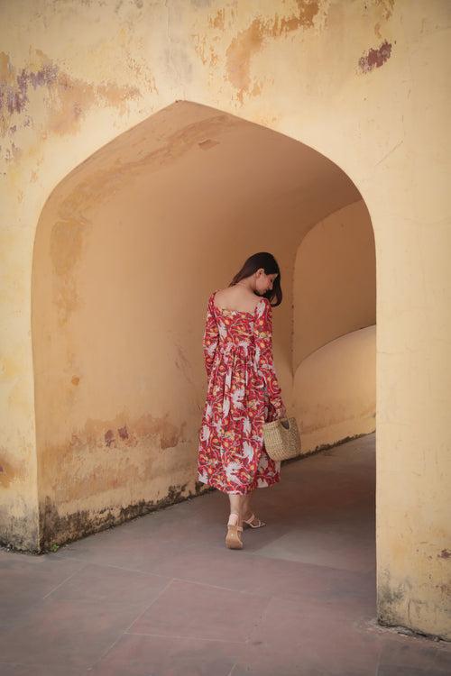 Bird print red full sleeves midi dress