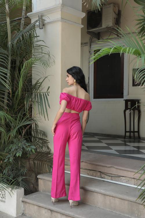 Hot Pink Gathered Off Shoulder Crop Top With Flarred Pants Set